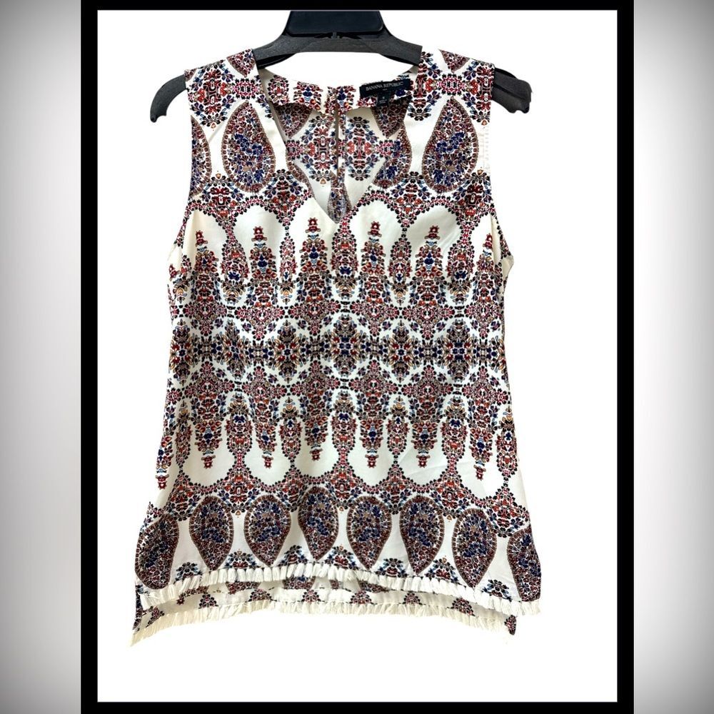 Banana Republic Floral V-Neck Sleeveless Blouse Fringe Hem Multicolor Small S